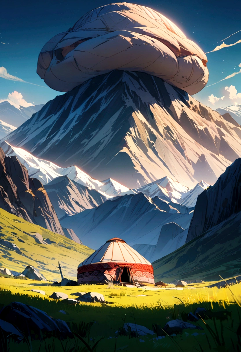 A nice landscape in a mountain valley in the very front there is a bal bal stone, and behind it there are high rocky mountains and to the right of the stone and further away there is a Kyrgyz yurt