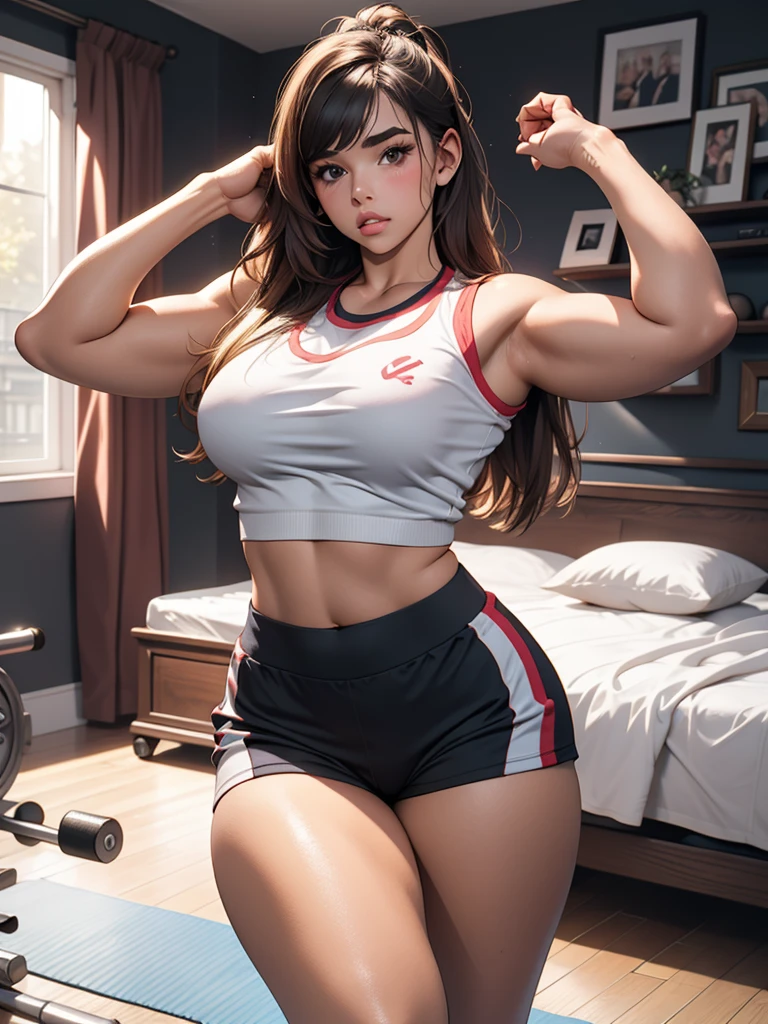 Jem wolfie, trending on onlyfans, gorgeous, voluptuous babe, gym attire, cozy bedroom background