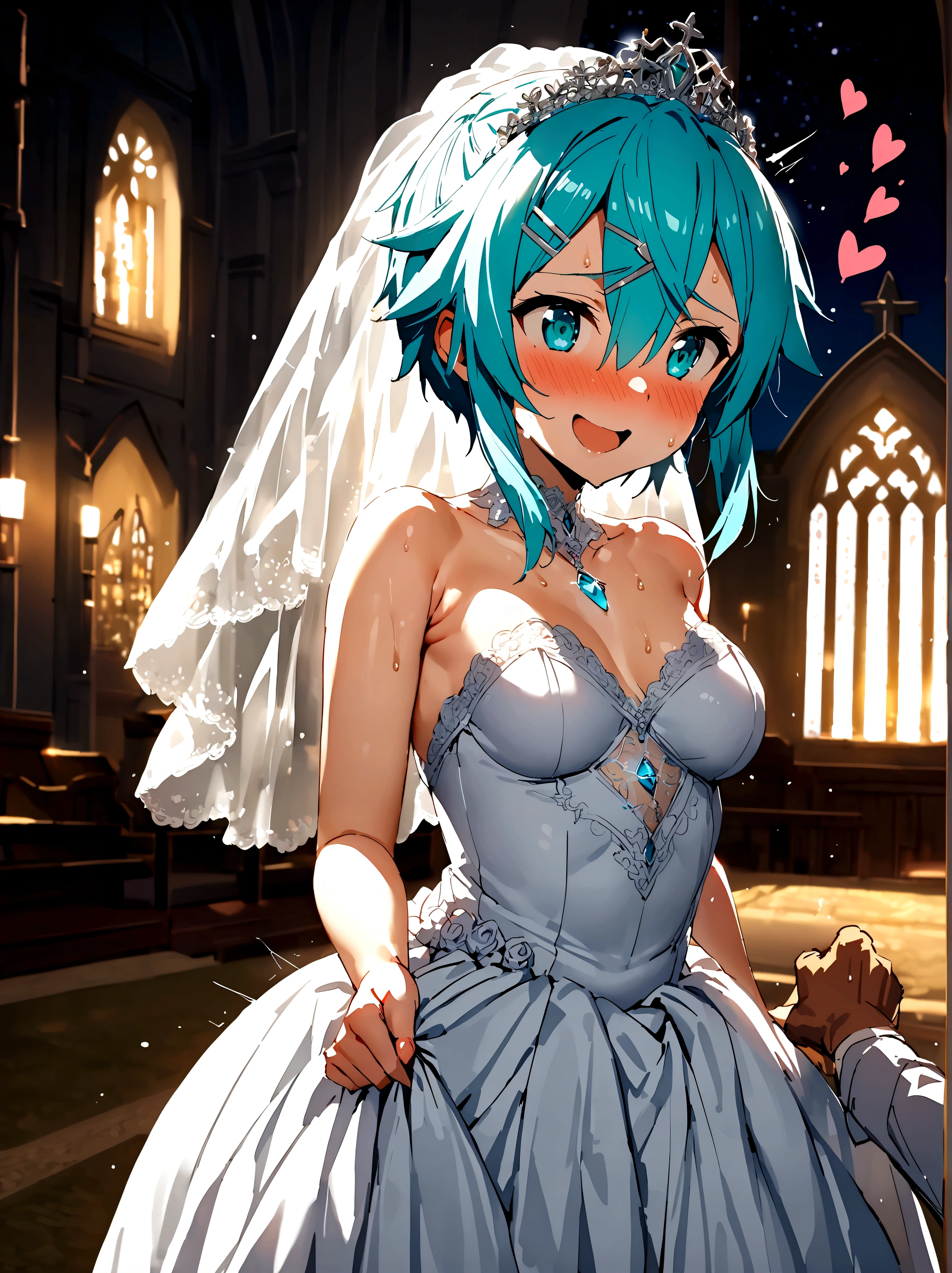 NSFW,masterpiece,Highest quality,High resolution,Super detailed,Sinon\(Sword Art Online\),(Quality Wedding Dresses),Wedding Veil,tiara,gem, hair ornaments, Hair Clip,Embarrassed,smile,excited,(Estrus),blush,Sweat,(orgasm),Climax,(Squirting),heart,(Middle-aged men),Having sex,Insert,Creampie,Church at night,Luxurious Room,wedding