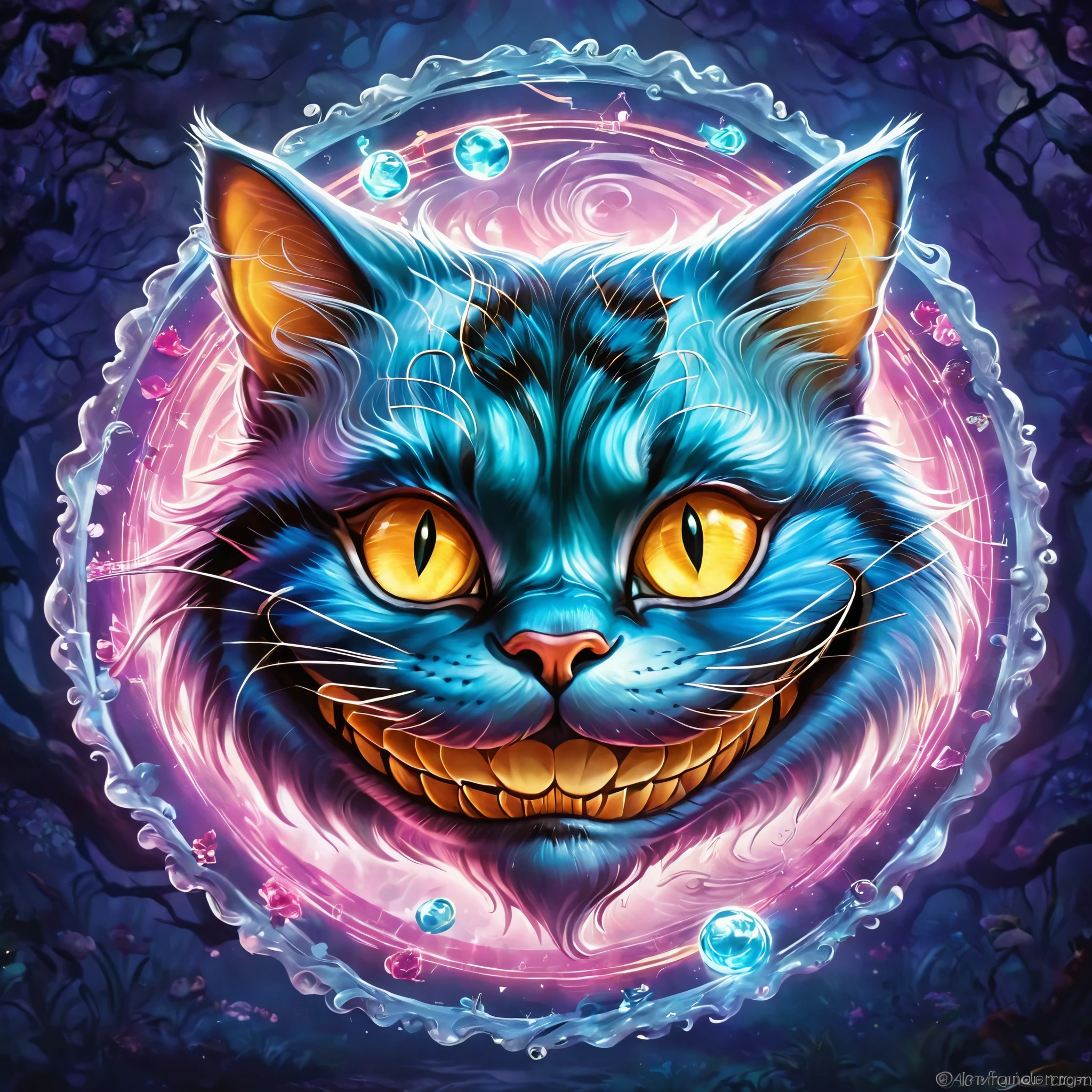 Create a mesmerizing and enigmatic image of The Cheshire Cat from Alice in Wonderland. Emphasize the cat's mischievous grin, its translucent appearance, and its ability to appear and disappear at will. The image should evoke a sense of mystery and whimsy. Ensure that the artwork captures the essence of this iconic character, making it suitable for various applications, including stickers, posters, and digital media.