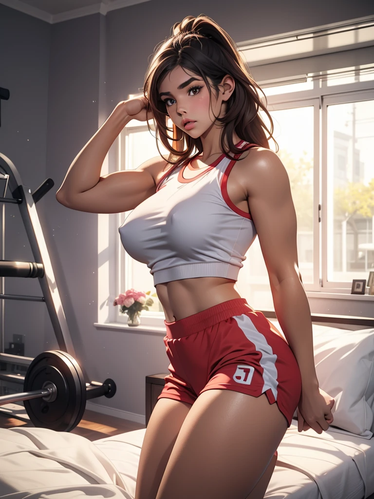 Jem wolfie, trending on onlyfans, voluptuous babe, gym attire, cozy bedroom background