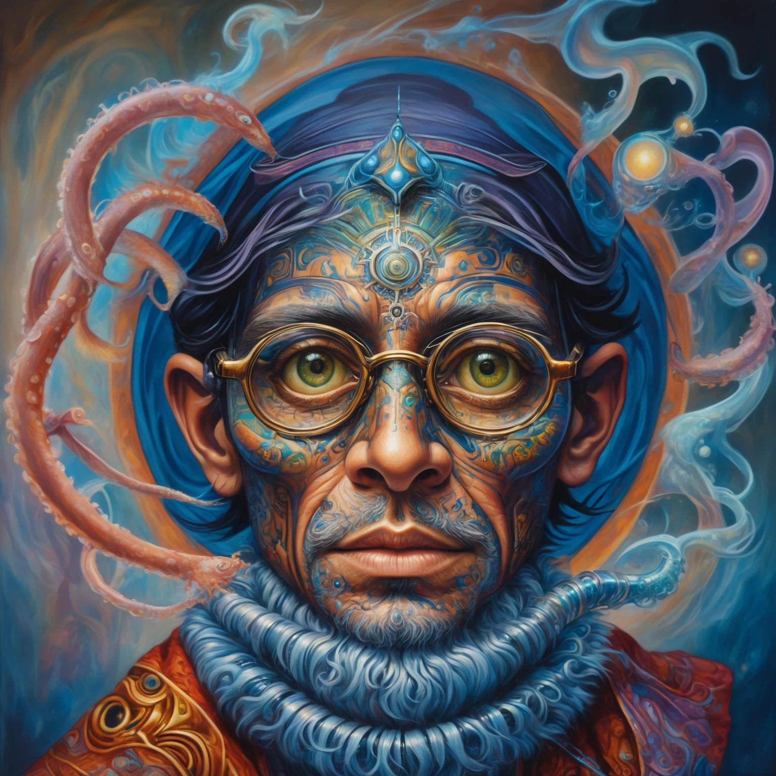 painting of a man with a beard and a blue wig and glasses, portrait of a digital shaman, portrait of a squid wizard, hyper detailed visionary art, portrait of a robot shaman, hyper - detailed visionary art, psytrance artwork, style of alex grey, highly detailed visionary art, visionary art style, detailed portrait of a cyborg, fantasy rpg symmetrical portrait