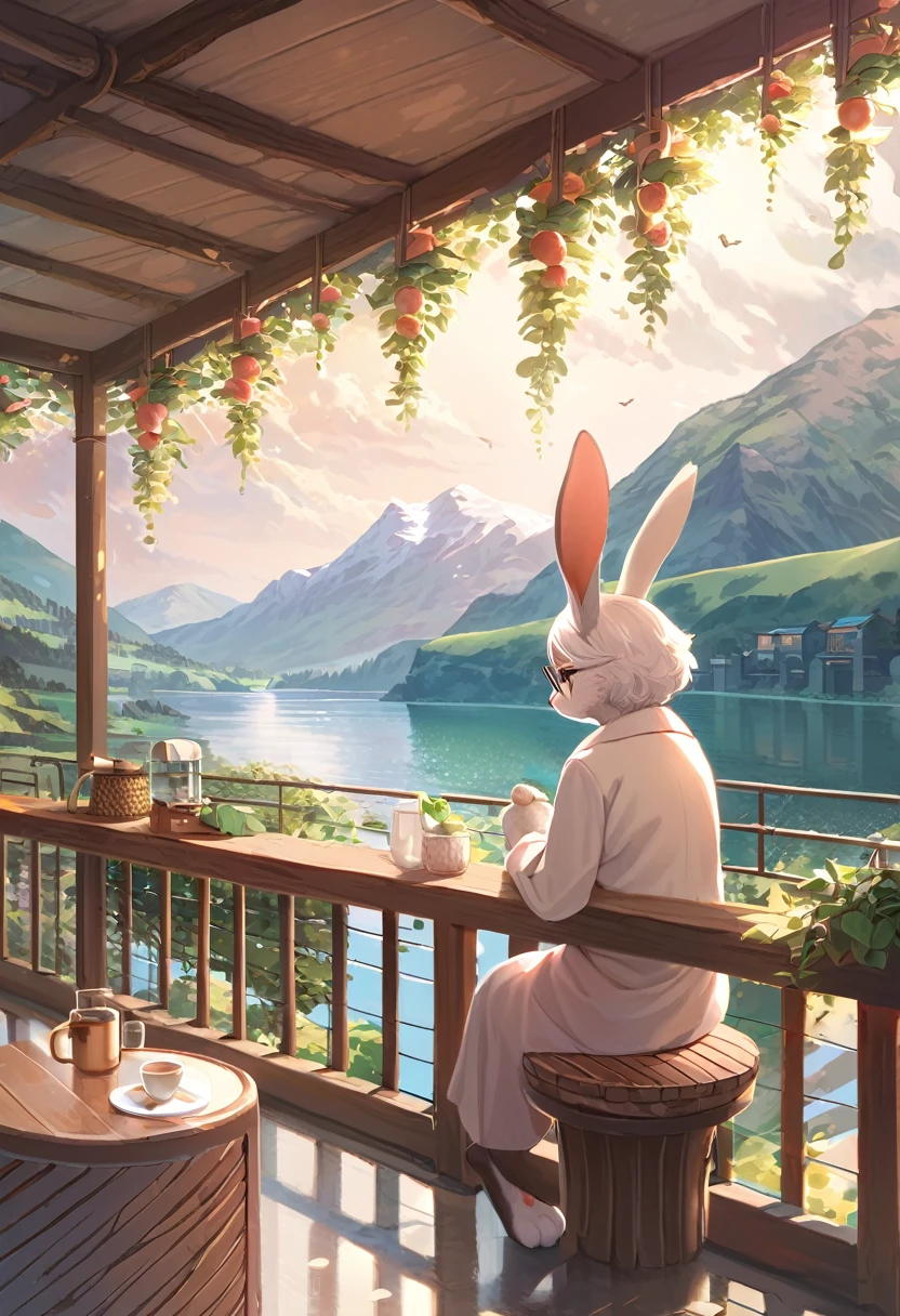 ((Masterpiece)), ((Best Quality)), (Very Detailed), ((Very Detailed)), 4K, (8K), very aesthetic, absurdres highres, 1woman, anthropomorphic rabbit, furry, kemono, An elderly woman with glasses sitting at a cafe terrace overlooking mountains and a lake, with more specific elements such as the style of the cafe, the details of the mountain landscape, and the serene atmosphere of the lake setting.