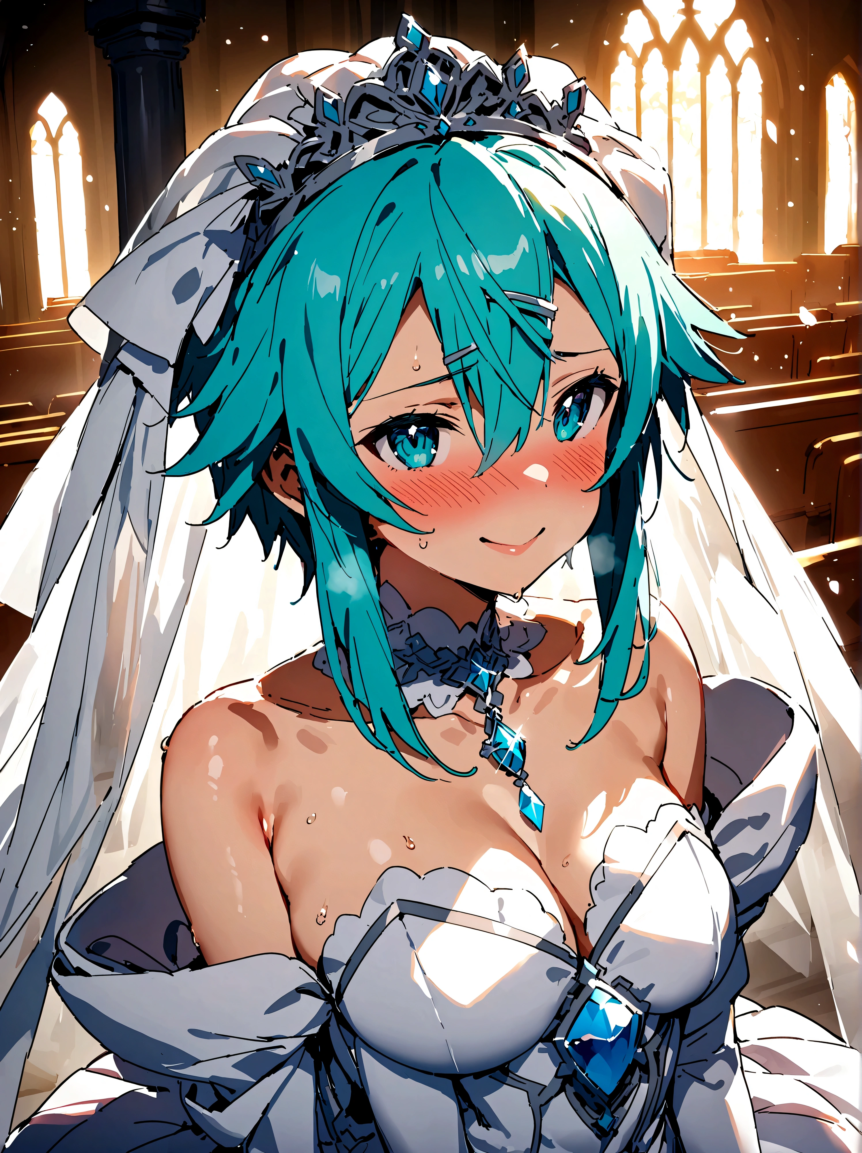 NSFW,masterpiece,Highest quality,High resolution,Super detailed,Sinon\(Sword Art Online\),(Quality Wedding Dresses),Wedding Veil,tiara,gem, hair ornaments, Hair Clip,Embarrassed,Watery eye,smile,blush,Church at night,Luxurious Room,wedding