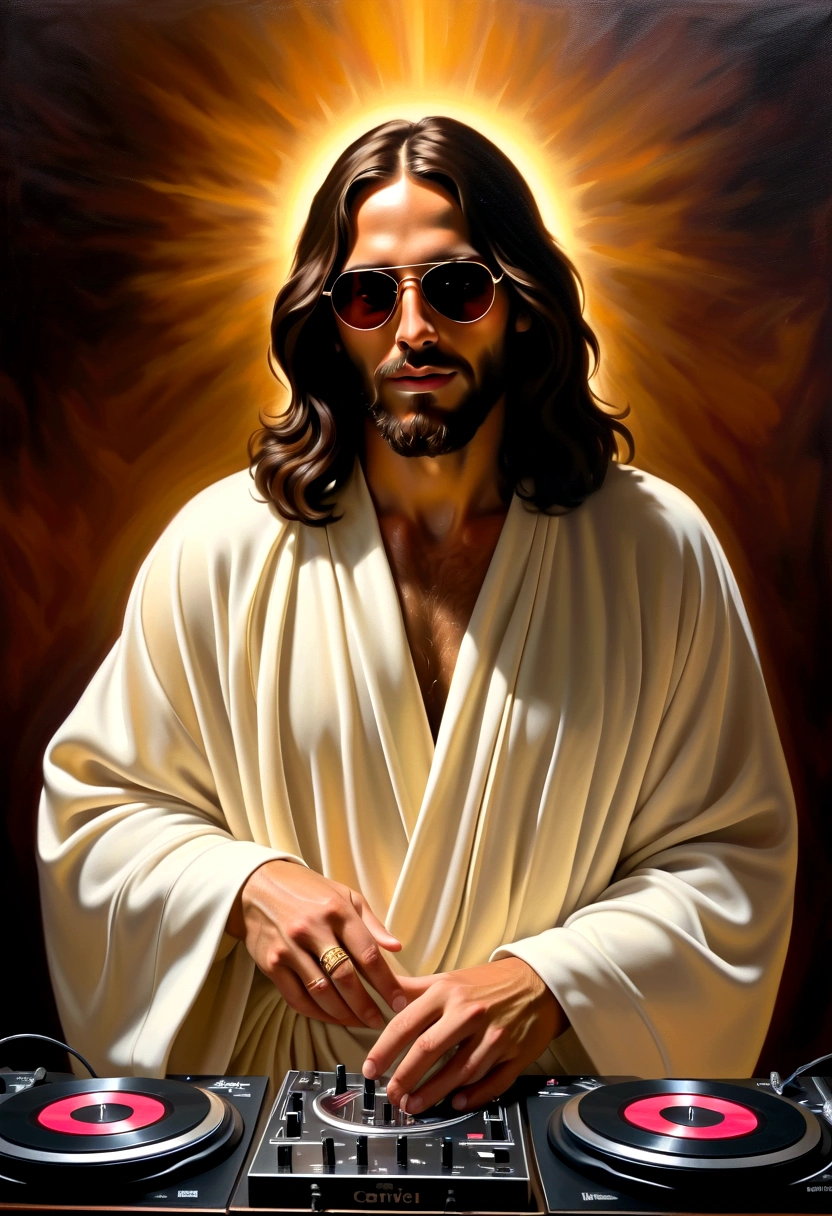 Intimate (oil painting:1.2), inspired by Caravaggio and El Greco BREAK (Jesus Christ as a DJ:1.3), grin, sunglasses, (robe:1.2), , confidence, (Soft glow:1.2) BREAK (Ethereal presence:1.2),(Subtle radiance:1.2),(Seraphic companions:1.3) BREAK Muted surroundings, Sacred atmosphere, Executed with masterful strokes, Rich chiaroscuro, Evocative emotion