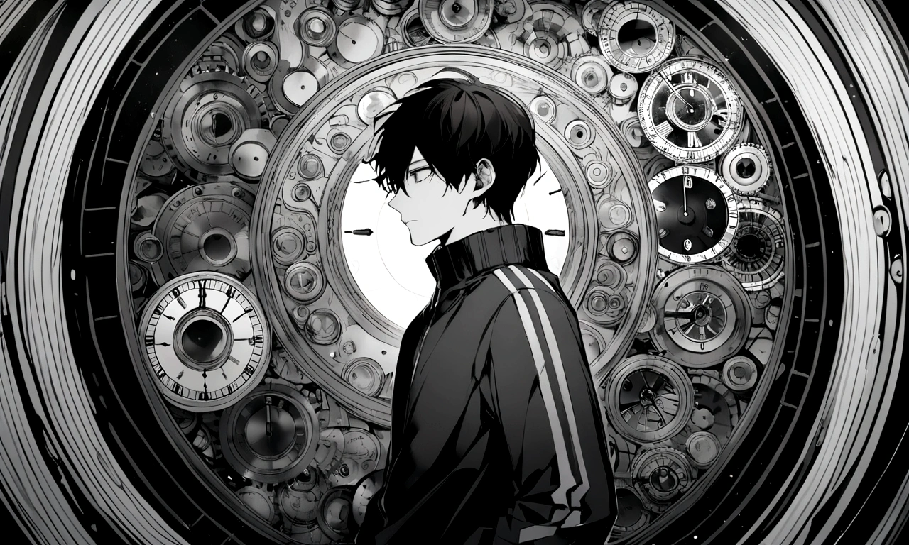 black and white drawing, giant clockwork background, human, 26 year old male, black neat hair, a lonely face, wearing gray tracksuit, body tangled in watch, Body fused with clock