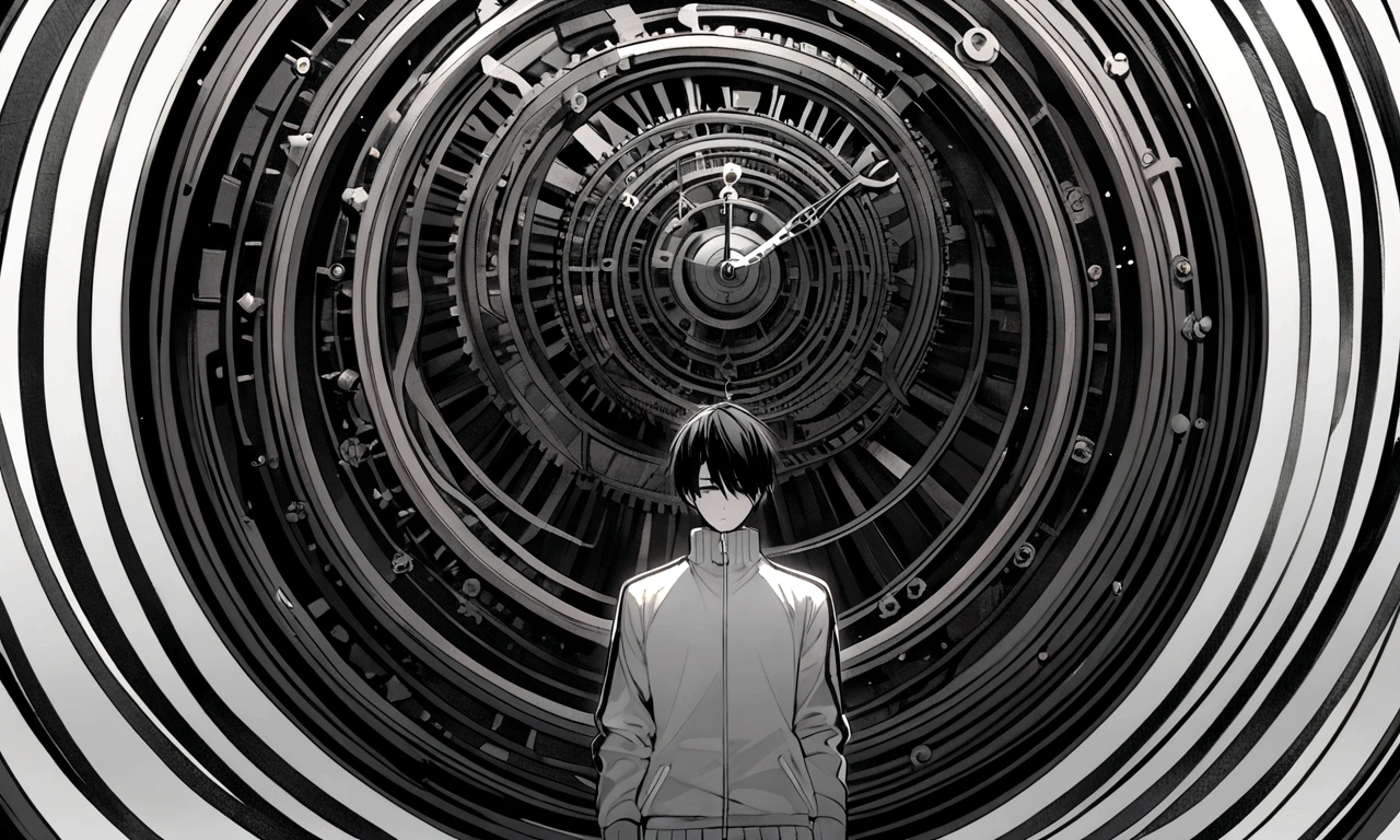 black and white drawing, giant clockwork background, human, 26 year old male, black neat hair, a lonely face, wearing gray tracksuit, body tangled in watch, Body fused with clock
