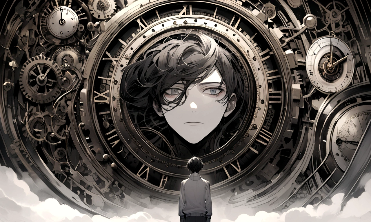 black and white drawing, giant clockwork background, human, 26 year old male, black neat hair, a lonely face, wearing gray tracksuit, body tangled in watch, Body fused with clock