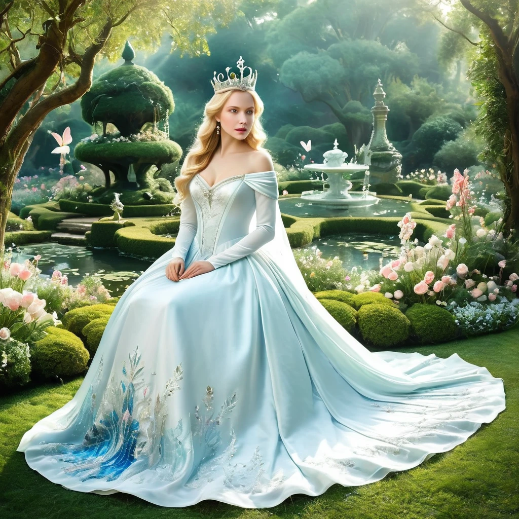 Generate a captivating depiction of The White Queen from Alice in Wonderland. Emphasize her regal presence, her ethereal beauty, and the serene yet mysterious atmosphere of her kingdom. Highlight her elegant attire, which should include a flowing white gown and a crown adorned with diamonds. Surround her with an otherworldly landscape, featuring a dreamlike garden and fantastical creatures. Use soft, pastel colors to evoke a sense of enchantment. The image should be suitable for use in storytelling and fantasy-themed visuals.