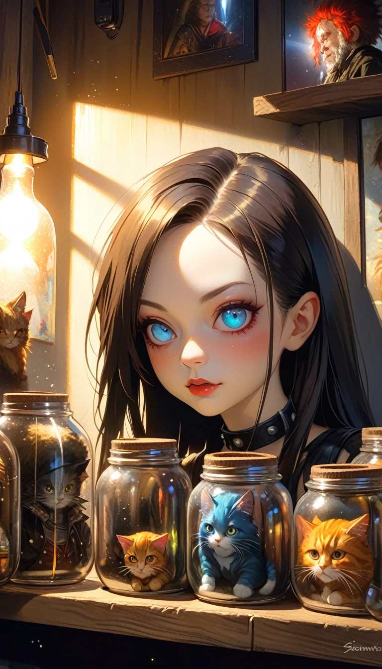 a sexy girl with a punk-gothic appearance and long hair attends the shop at the counter, fantastic shop, disturbing, strange, unnatural, (Rembrandt Lighting: 1.3) light particles, shop with large jars, jars with eyes, jars with heads , cat on stage, close-up of upper body, fantastic angles (art inspired by Bill Sienkiewicz, oil painting)