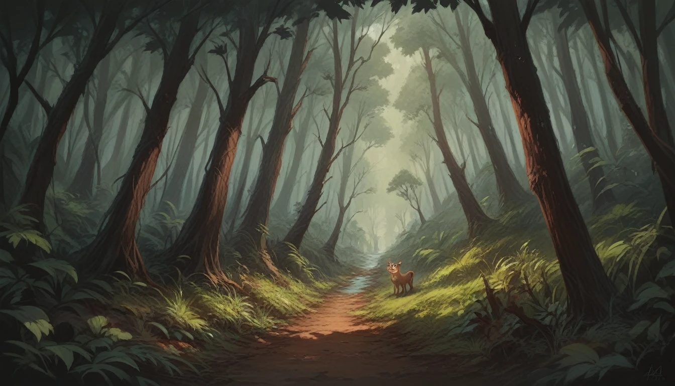 Create an image of an enchanted forest with trees and a trail with a vanishing point, side image, in the style of a Disney cartoon, photographic image, ultra-realistic, in 4K