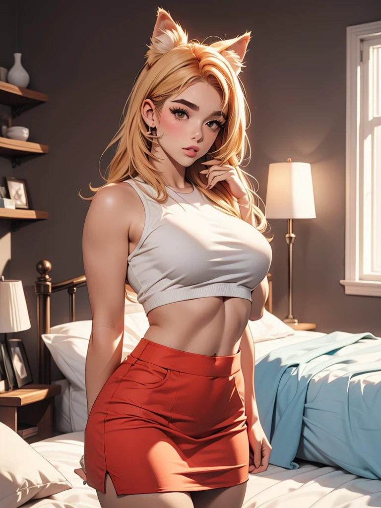 Jem wolfie, trending on onlyfans, voluptuous babe, crop top, skirt, cozy bedroom background