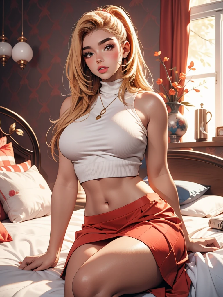 Jem wolfie, trending on onlyfans, voluptuous babe, crop top, skirt, cozy bedroom background