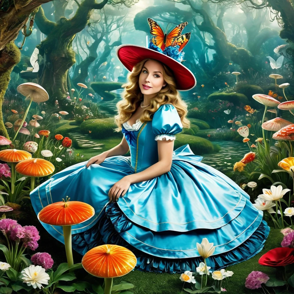 Create a vivid and enigmatic portrayal of The Duchess from Alice in Wonderland. Capture her eccentricity and contrasting emotions, showcasing her both smiling and with a stern expression. Pay attention to her unique fashion, with a distinctive dress and hat. Surround her with a whimsical, chaotic background that reflects Wonderland's peculiar nature. Utilize a color palette that blends vibrant and muted tones to convey the complexity of her character. The image should evoke curiosity and intrigue, embodying the essence of Wonderland
