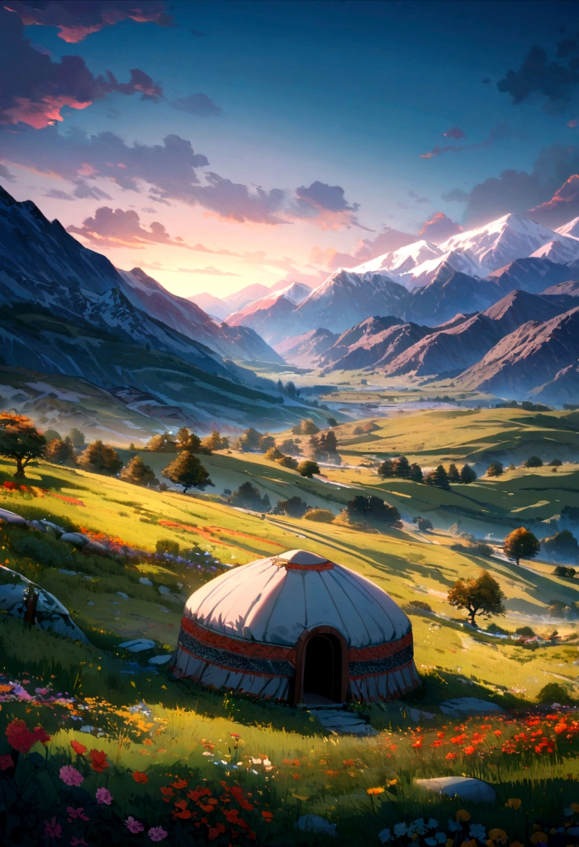 A nice landscape in a mountain valley in the very front there is a grave stone, and behind it there are high rocky mountains and to the right of the stone and further away there is a Kyrgyz yurt