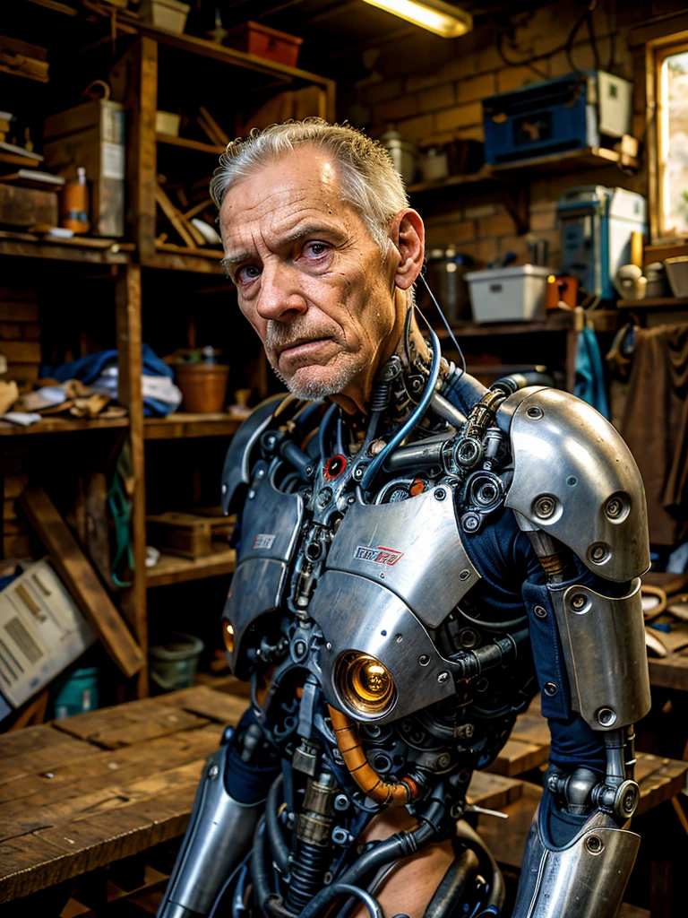 Old cyborg, posing in a tattered workshop, looking at the viewer, gloomy atmosphere,