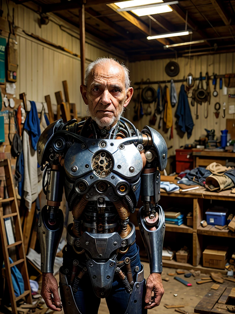 Old cyborg, posing in a tattered workshop, looking at the viewer, gloomy atmosphere,
