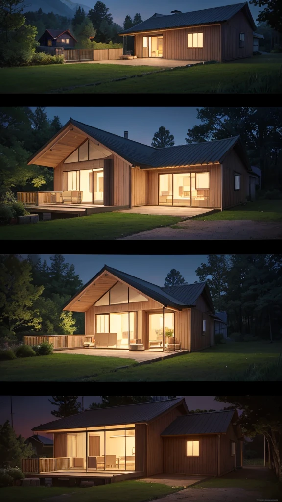House in the middle of a forest at night, that the image shows the house in diagonal profile