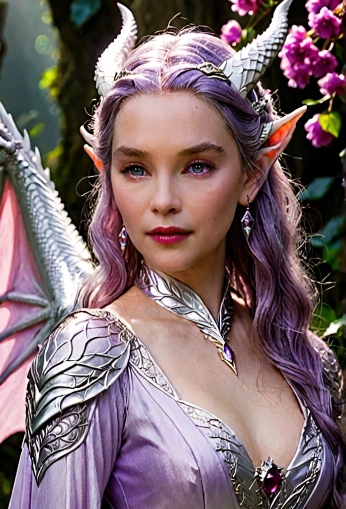 Queen of the White Dragon, mulher madura jovem, "Galadriel, EMÍLIACLARKE", elegant lilac Ruby dress, mama grande, Curvy, dragon ling vawy hair, Cabelos Super Longos, soft facial features, White dragon horns on his head, mulher majestosa, silver decoration on her lilac Ruby dress, Rainha Estrela Prateada, Grandes olhos violet, cherry lips, White dragons, starly sky
