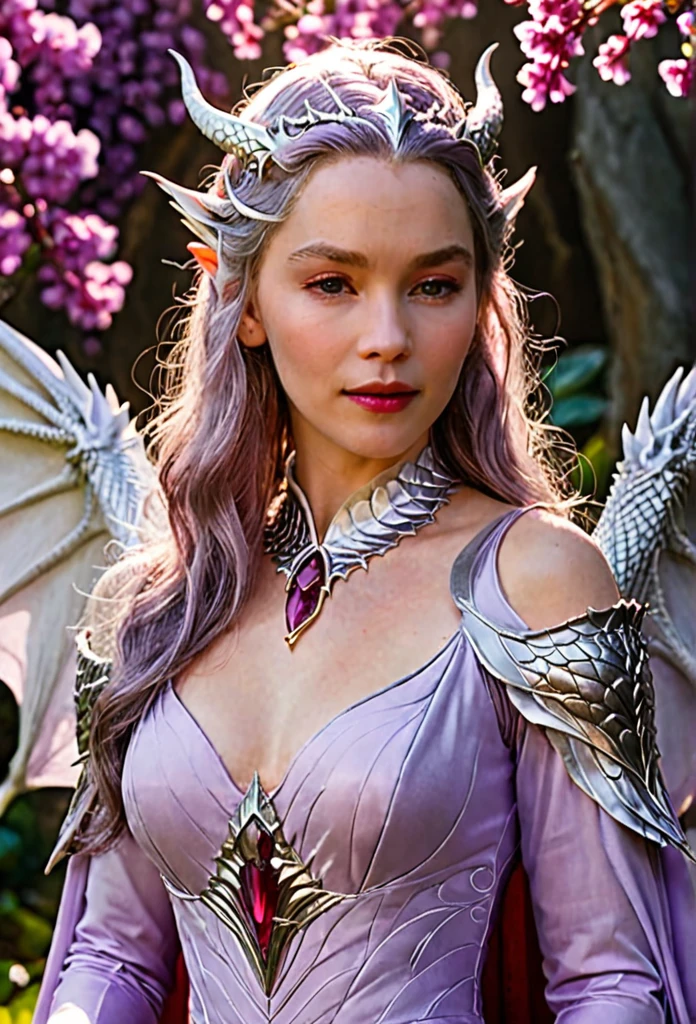 Queen of the White Dragon, mulher madura jovem, "Galadriel, EMÍLIACLARKE", elegant lilac Ruby dress, mama grande, Curvy, dragon ling vawy hair, Cabelos Super Longos, soft facial features, White dragon horns on his head, mulher majestosa, silver decoration on her lilac Ruby dress, Rainha Estrela Prateada, Grandes olhos violet, cherry lips, White dragons, starly sky