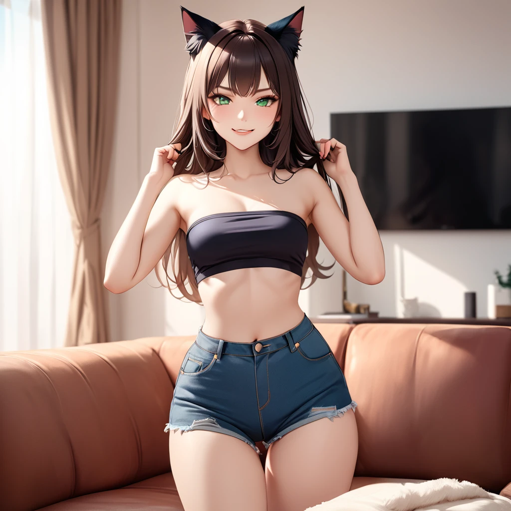Sexy Posing, standing apart, Female, 30 years old, cute, eyeliner, long hair, biting lip smile, tube top, jean shorts, bedroom eyes, catgirl, cat ears, living room background, 8k, hi res, (best quality, masterpiece), green eyes, long cat tail , lying on couch, evil smirk,
