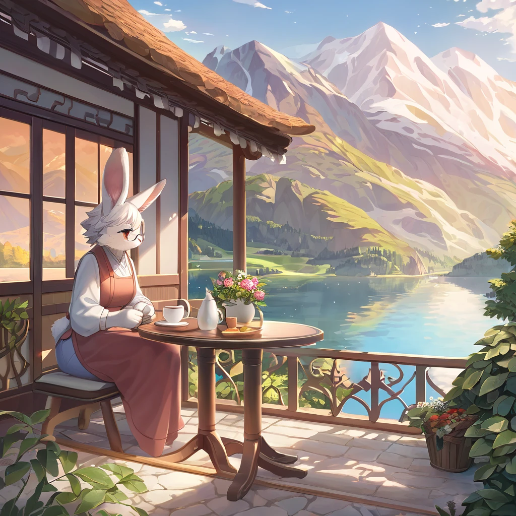 ((Masterpiece)), ((Best Quality)), (Very Detailed), ((Very Detailed)), 4K, (8K), very aesthetic, absurdres highres, 1woman, anthropomorphic rabbit, furry, kemono, An elderly woman with glasses sitting at a cafe terrace overlooking mountains and a lake, with more specific elements such as the style of the cafe, the details of the mountain landscape, and the serene atmosphere of the lake setting.
