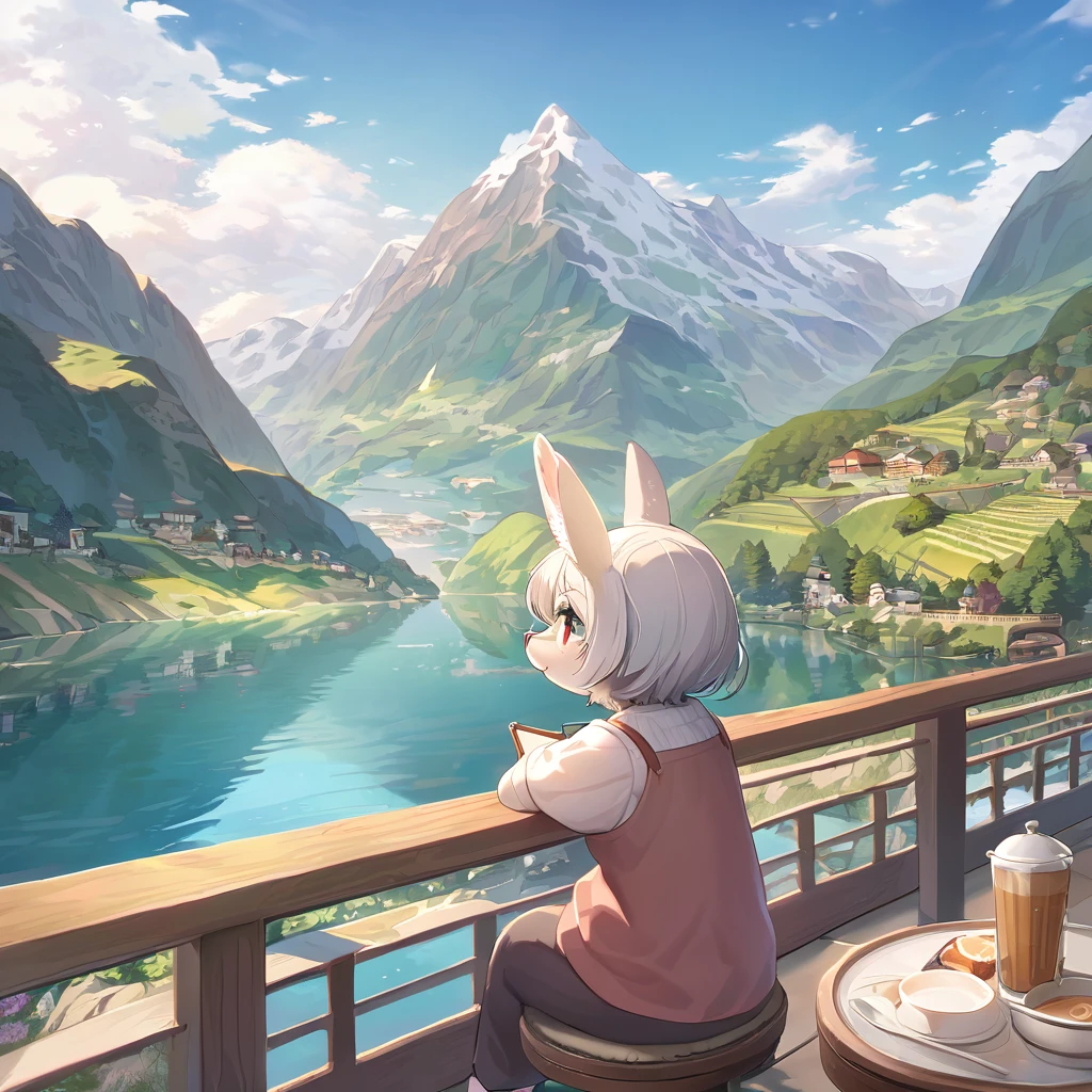 ((Masterpiece)), ((Best Quality)), (Very Detailed), ((Very Detailed)), 4K, (8K), very aesthetic, absurdres highres, 1woman, anthropomorphic rabbit, furry, kemono, An elderly woman with glasses sitting at a cafe terrace overlooking mountains and a lake, with more specific elements such as the style of the cafe, the details of the mountain landscape, and the serene atmosphere of the lake setting.