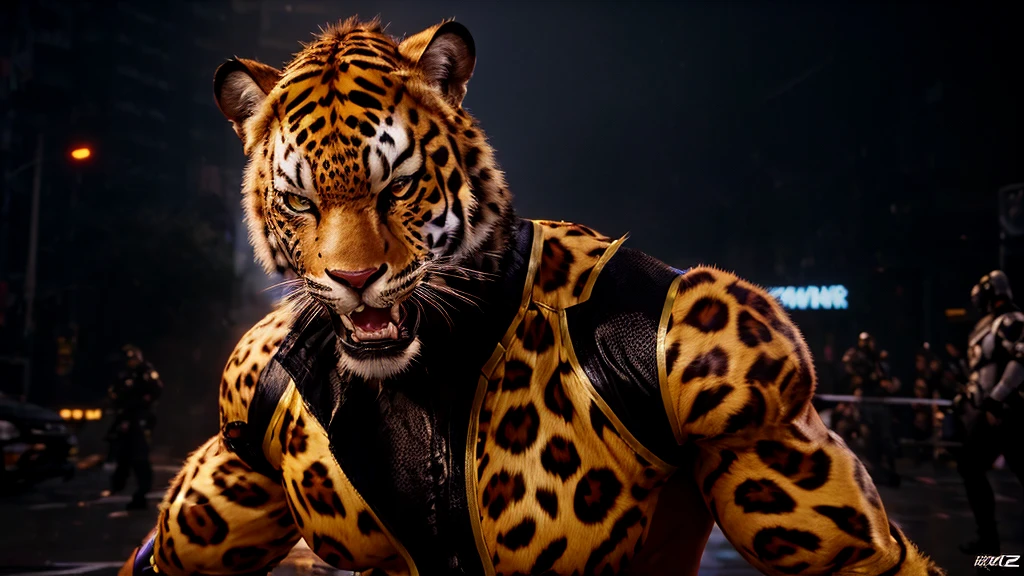 there is a man in a leopard mask and a wrestling costume, as a character in tekken, fighting game character, tekken 8, posing for a fight intricate, tiger_beast, fierce expression 4k, hyper realistic content, tekken, 8 k uhd character details, sfw version, humanoid cheetah, 8 k character details, new character, hyper realism 8k