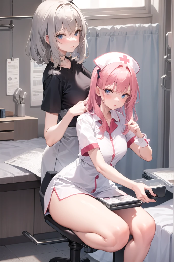 infirmary, curtains, 1girl, nurse, white dress,, masterpiece, best quality, highly detailed