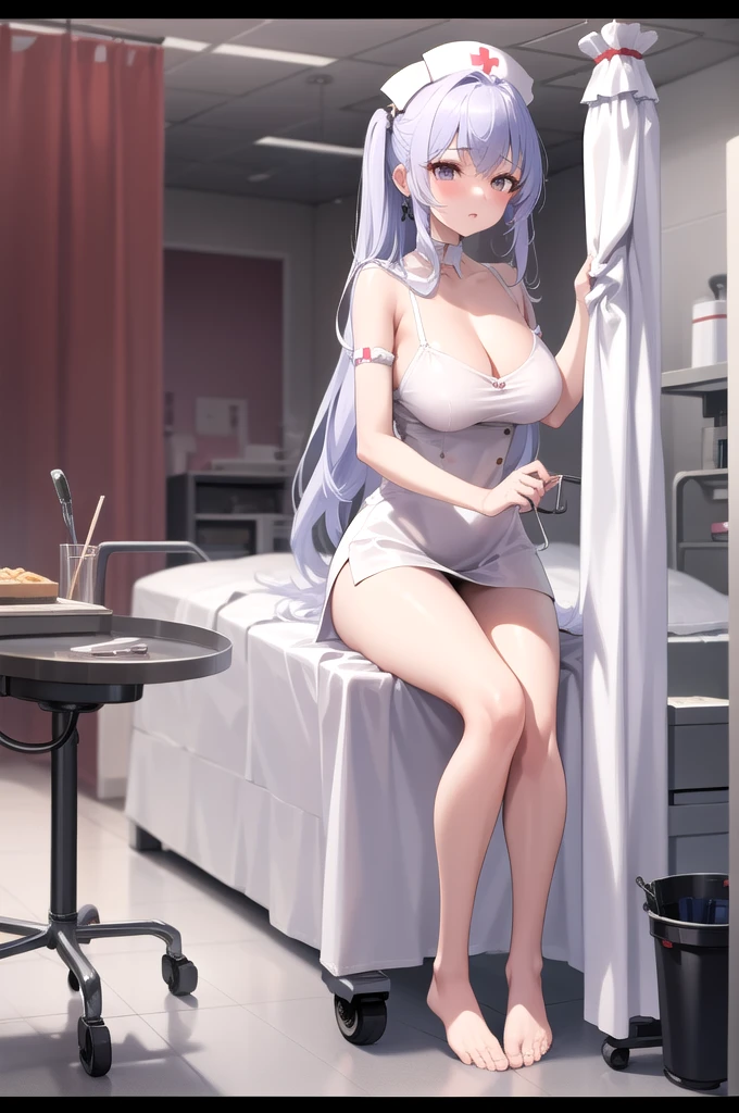 infirmary, curtains, 1girl, nurse, white dress,, masterpiece, best quality, highly detailed