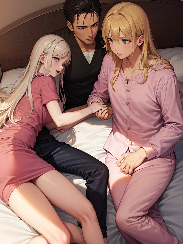 Two adult friends, A Man and a Woman, the man is taking care of the woman in bed, She is sick, she is a woman, she has blonde hair and blue eyes., she wears pink pajamas, while the man has black hair and black eyes