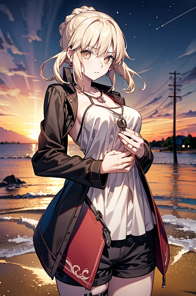 One girl, Red eyes, chest, large chest, Shorts, Crop Topwear, shot_jacket View Viewer, Thigh straps, (Super detailed)), ((figure)), ((Disheveled Hair)), (beautiful Fine grain), beautiful, wonderful, Fine grain, (((masterpiece))), (Realistic:0.5), Highest quality, woman, seductive Anime Girls, chest and Browsing Caution, beautiful alluring anime woman, beautiful alluring anime teen, (Anime Girls), with a large chest, [ 4k digital art ]!!, attractive Anime Girls, beautiful Anime Girls, Sexy Girl, Anime Girls, Anime Girlss, Kantai Collection Style, masterpiece, Browsing Caution, Highest quality, masterpiece, Highest quality,Official Art,Highly detailed CG Unity 8k wallpaper, I slicked my hair back., Earrings, necklace, freckles, View Viewer, Bokeh Background,Body-facing camera, close,