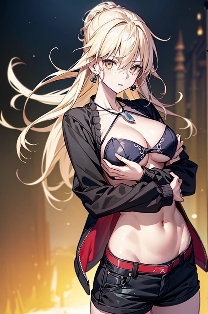 One girl, Red eyes, chest, large chest, Shorts, Crop Topwear, shot_jacket View Viewer, Thigh straps, (Super detailed)), ((figure)), ((Disheveled Hair)), (beautiful Fine grain), beautiful, wonderful, Fine grain, (((masterpiece))), (Realistic:0.5), Highest quality, woman, seductive Anime Girls, chest and Browsing Caution, beautiful alluring anime woman, beautiful alluring anime , (Anime Girls), with a large chest, [ 4k digital art ]!!, attractive Anime Girls, beautiful Anime Girls, Sexy Girl, Anime Girls, Anime Girlss, Kantai Collection Style, masterpiece, Browsing Caution, Highest quality, masterpiece, Highest quality,Official Art,Highly detailed CG Unity 8k wallpaper, I slicked my hair back., Earrings, necklace, freckles, View Viewer, Bokeh Background,Body-facing camera, close,