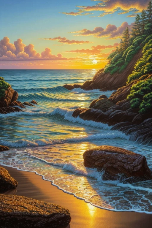 detailed oil painting of a serene ocean landscape, golden sunset sky, sunbeams reflecting on calm waves, rocky coastline, lush green foliage, dramatic lighting, vibrant colors, photorealistic, 8k, best quality