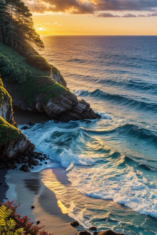 detailed oil painting of a serene ocean landscape, golden sunset sky, sunbeams reflecting on calm waves, rocky coastline, lush green foliage, dramatic lighting, vibrant colors, photorealistic, 8k, best quality