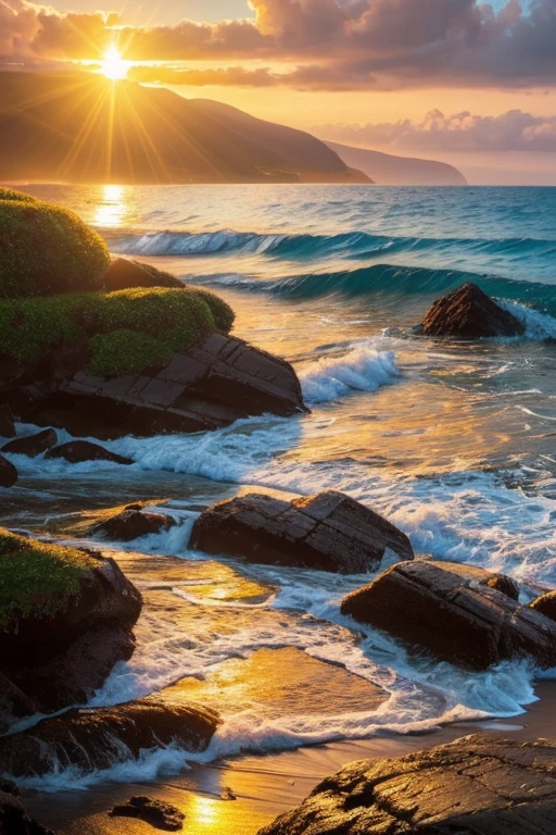 detailed oil painting of a serene ocean landscape, golden sunset sky, sunbeams reflecting on calm waves, rocky coastline, lush green foliage, dramatic lighting, vibrant colors, photorealistic, 8k, best quality