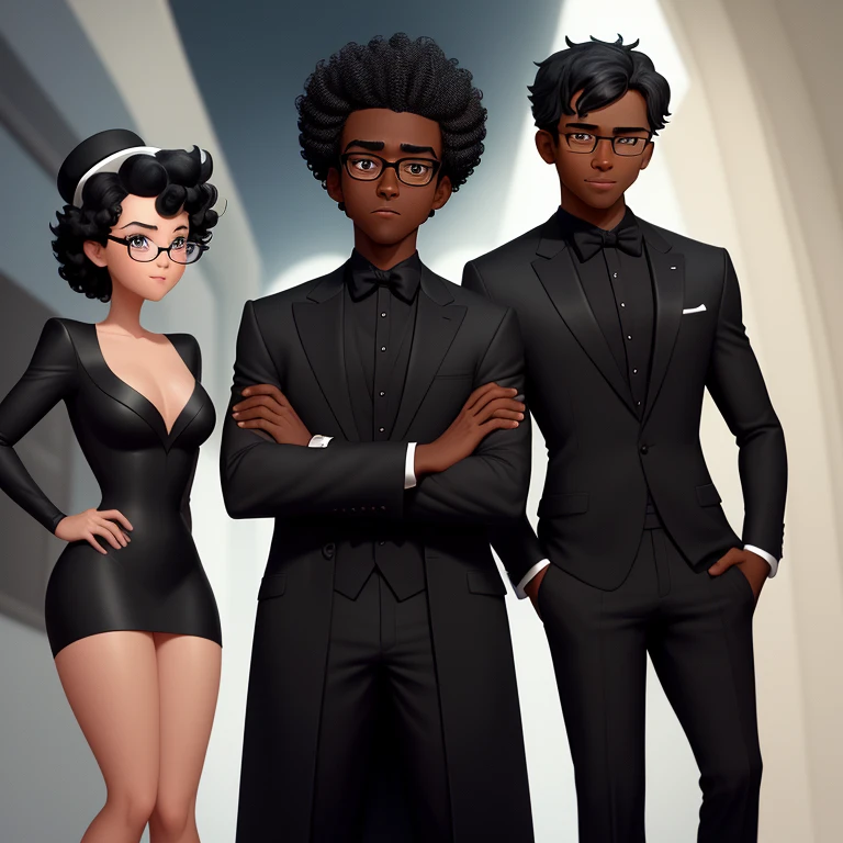 Disney Pixar characters with naked black girl wearing a hat and black curls under black eyes, in black glasses, boy wearing strong black glasses and dressed in a suit.