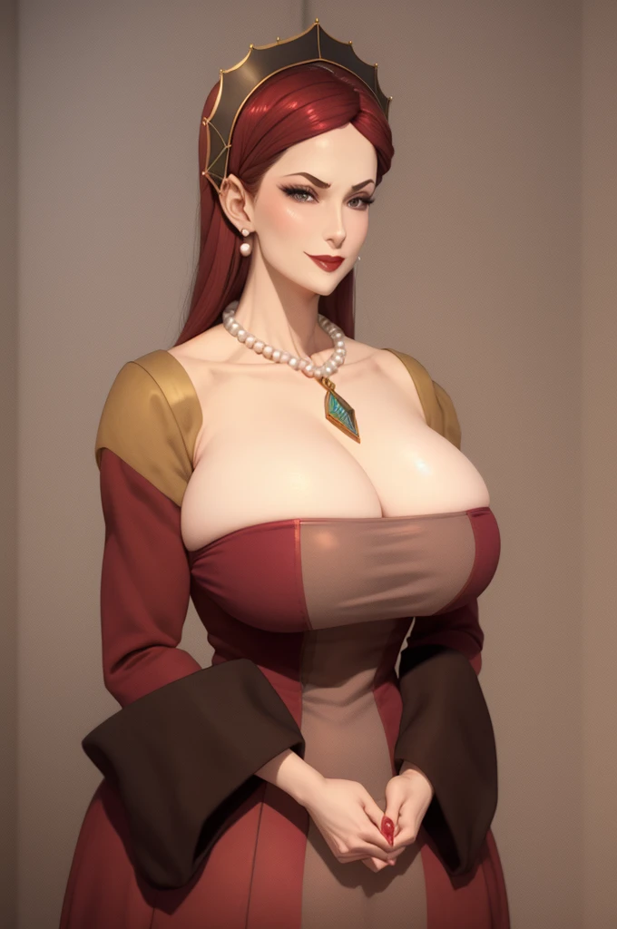 masterpiece, best quality, hildagreyrat, grey eyes, headdress, earrings, pearl necklace, pendant, large breasts, red dress, cleavage, long dress, wide sleeves, upper body, lipstick, looking at viewer, smile, from below, hands to hips