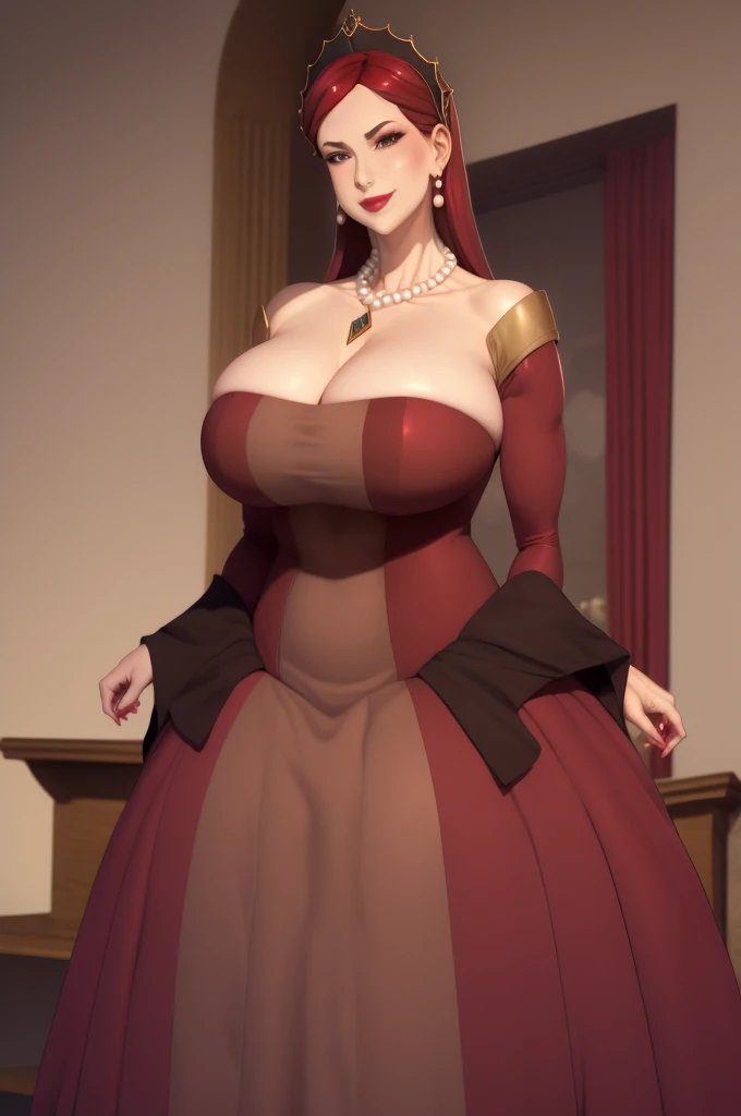 masterpiece, best quality, hildagreyrat, grey eyes, headdress, earrings, pearl necklace, pendant, large breasts, red dress, cleavage, long dress, wide sleeves, upper body, lipstick, looking at viewer, smile, from below, hands to hips