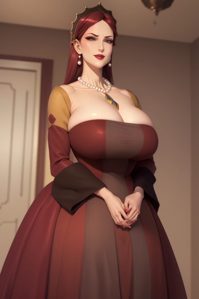 masterpiece, best quality, hildagreyrat, grey eyes, headdress, earrings, pearl necklace, pendant, large breasts, red dress, cleavage, long dress, wide sleeves, upper body, lipstick, looking at viewer, smile, from below, hands to hips