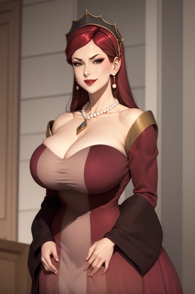 masterpiece, best quality, hildagreyrat, grey eyes, headdress, earrings, pearl necklace, pendant, large breasts, red dress, cleavage, long dress, wide sleeves, upper body, lipstick, looking at viewer, smile, from below, hands to hips