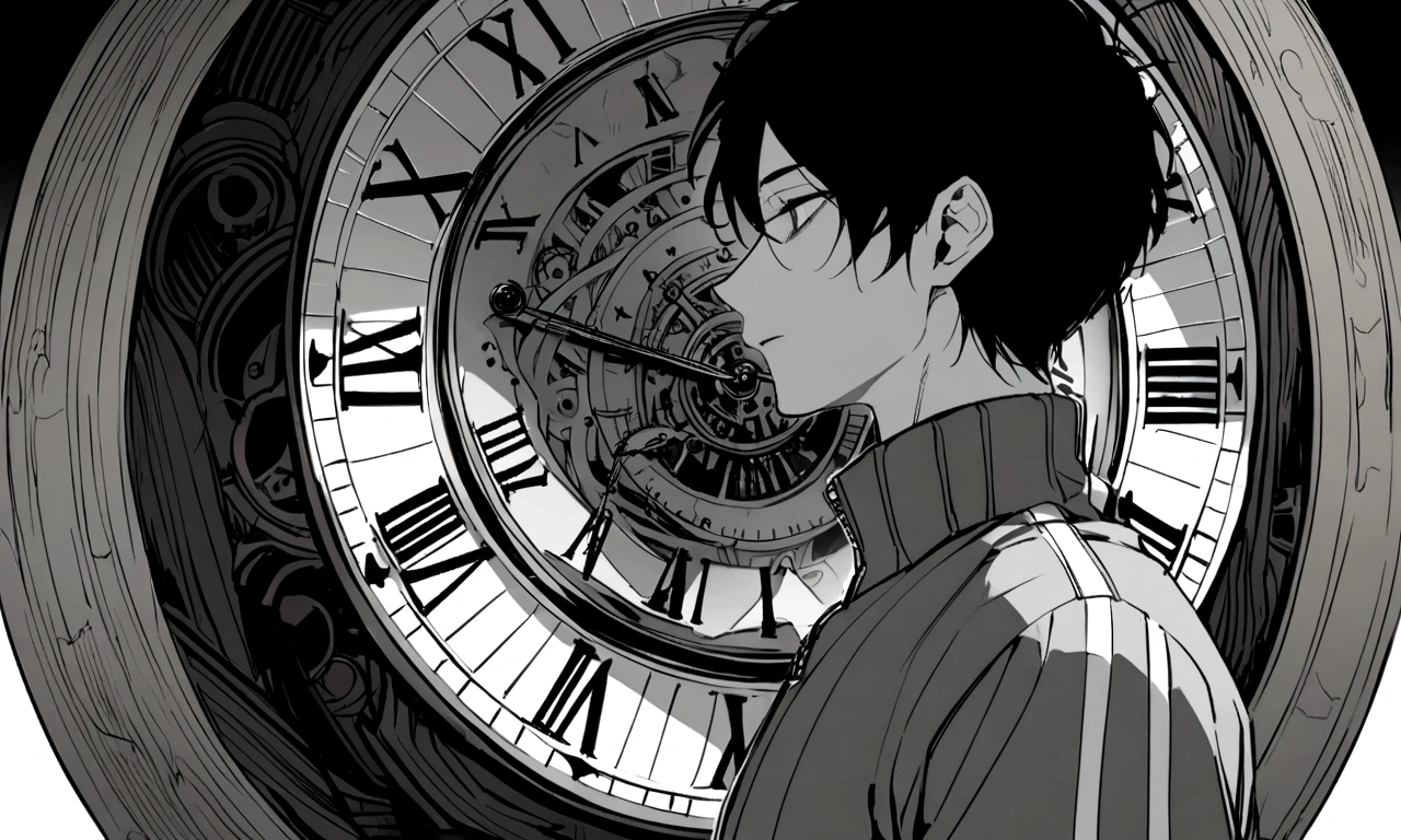 black and white drawing, giant clockwork background, human, 26 year old male, black neat hair, a lonely face, wearing gray tracksuit, body tangled in watch, Body fused with clock