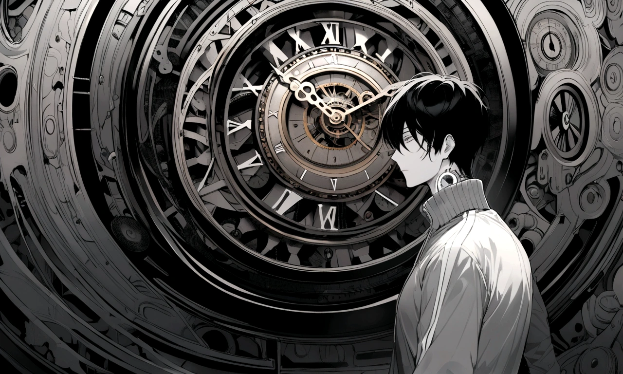 black and white drawing, giant clockwork background, human, 26 year old male, black neat hair, a lonely face, wearing gray tracksuit, body tangled in watch, Body fused with clock