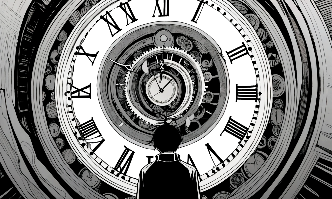 black and white drawing, giant clockwork background, human, 26 year old male, black neat hair, a lonely face, wearing gray tracksuit, body tangled in watch, Body fused with clock