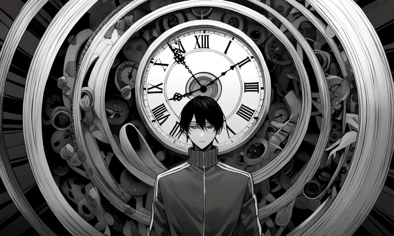 black and white drawing, giant clockwork background, human, 26 year old male, black neat hair, a lonely face, wearing gray tracksuit, body tangled in watch, Body fused with clock