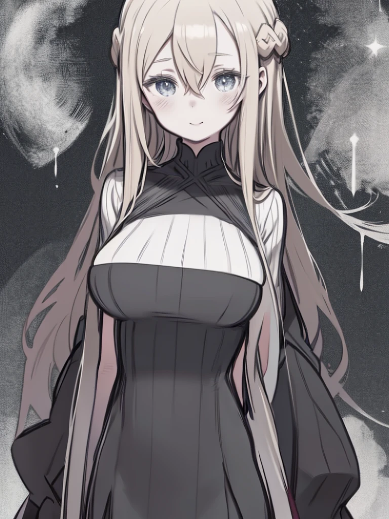 One Girl、((Character design sheet、Line art、Line art、Monochrome、Black and White、Flat Color))、Blonde long hair、Hair between the eyes、Braid、Big Breasts、Huge breasts、(Turtleneck sweater)、Clothes with body lines、upright、Watching the audience、Embarrassed、Smiling、Angle from the front、Upper Body、Put your hands down、Hands behind the back、Simple Background、