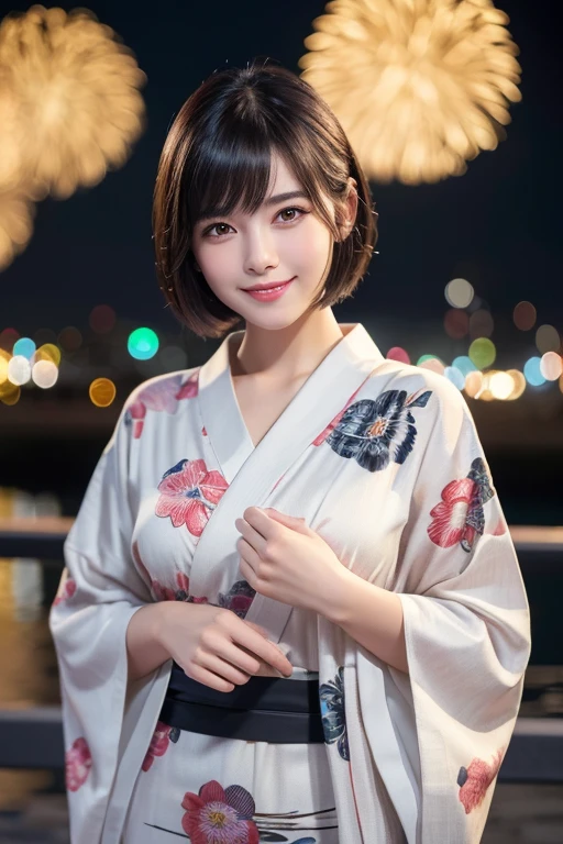 (8k、RAW Photosgraphy、Highest quality、masterpiece:1.2)、(Realistic、Realistic:1.37)、Ultra-high resolution、One Girl、cute、alone、night、Sitting、date、(Nose redness)、(Laughter:1.1)、(Closed)、Huge 、Beautiful Eyes、(short hair:1.2)、(((Fireworks bursting into the sky、night)))、(((kimono、yukata)))、Cleavage、Perfect body、Perfect Fingers、Professional Lighting、Japanese Goddess、gravure、Detailed face and skin texture、Detailed eyes、RAW Photos