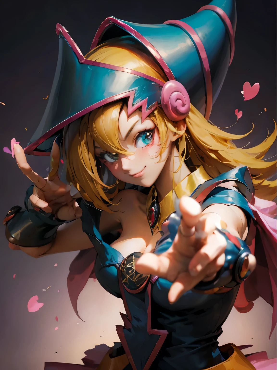 dark magician gils. Making the peace and love sign with his fingers, smile . Magic of hearts in the air. Sensual and seductive pose. Mystical magic background 