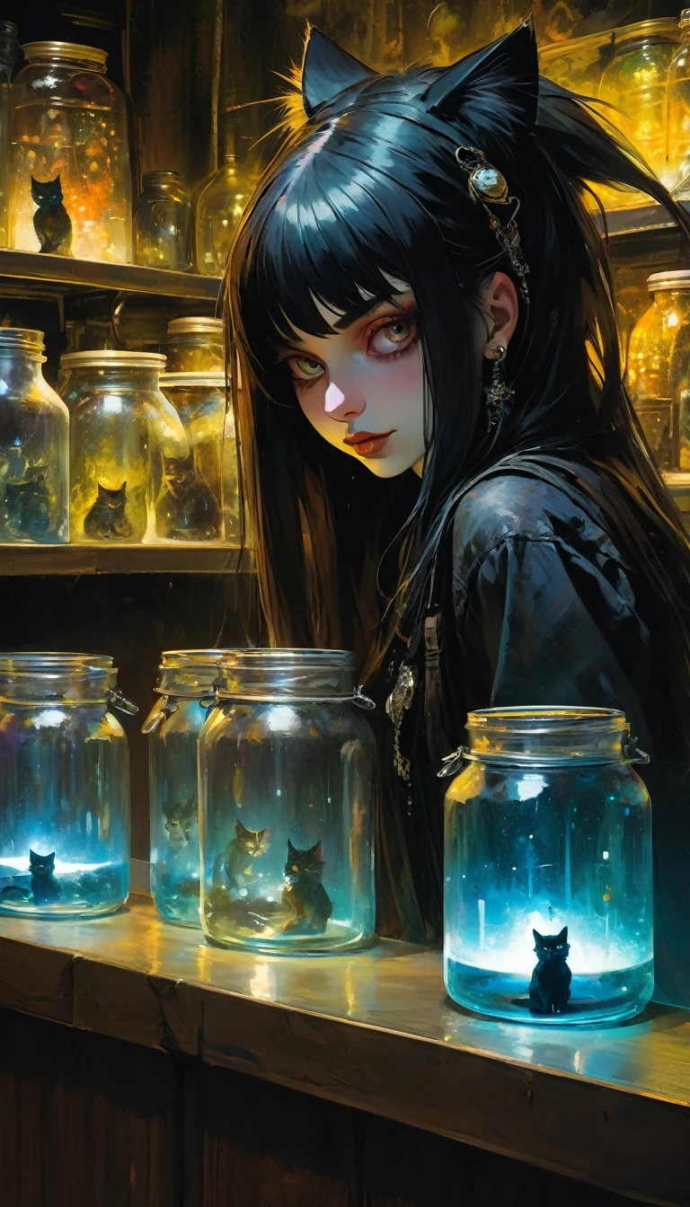 a sexy girl with a punk-gothic appearance and long hair attends the shop at the counter, fantastic shop, disturbing, strange, unnatural, (Rembrandt Lighting: 1.3) light particles, shop with large jars, jars with eyes, jars with heads , cat on stage, close-up of upper body, fantastic angles (art inspired by Bill Sienkiewicz, oil painting)