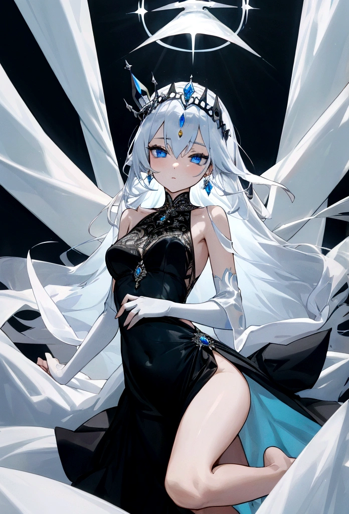 A single woman of 2.10 tall, silver and smooth to the waist, white blue eyes, backless black dress, with 2 cuts under the dress, with jewelry on her arms and one leg, wearing spiritual crown, goddess